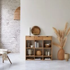 Miho Low Bookcase In Solid Teak And White Premium Terrazzo Ref. 4979